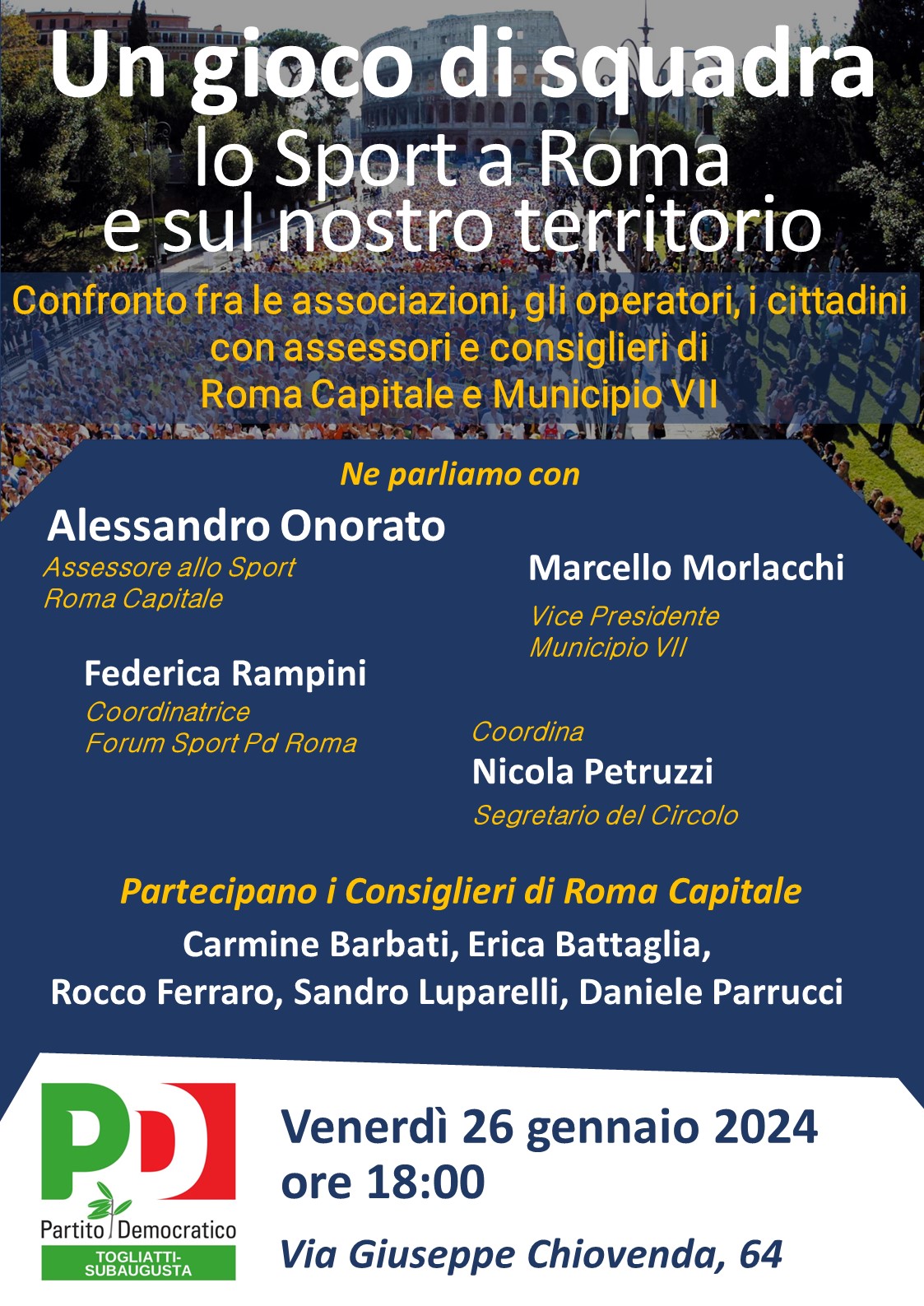 Circolo Pd Togliatti Subaugusta, venerdì 26 gennaio, ore 18:00, iniziativa pubblica: “Un gioco di squadra. Lo Sport a Roma e sul nostro territorio.
